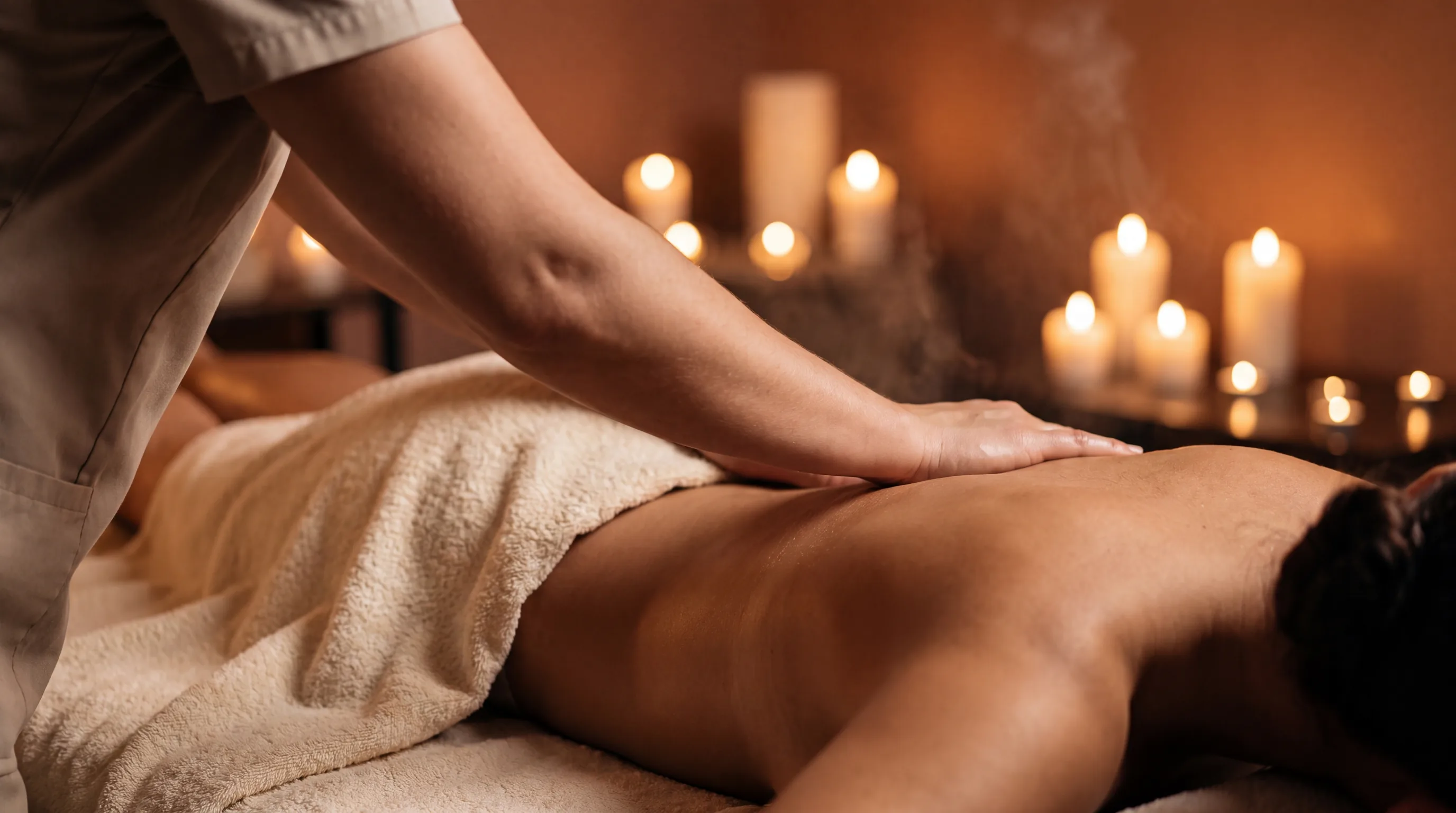 Therapist applying firm forearm pressure along a client's upper back during a deep tissue massage at Elite Spa Utah