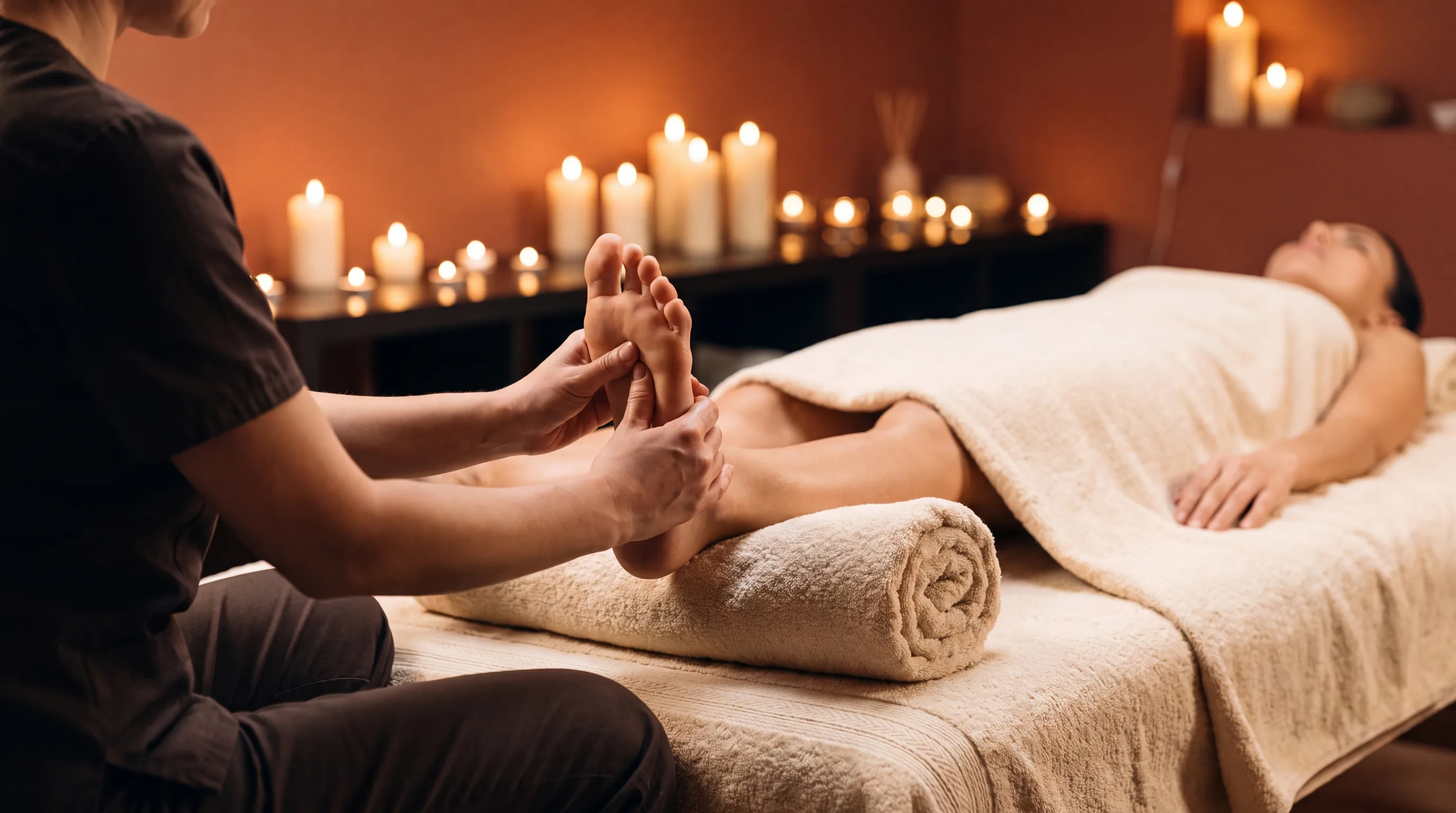Therapist pressing thumbs into the arch of a client's foot during reflexology at Elite Spa Utah