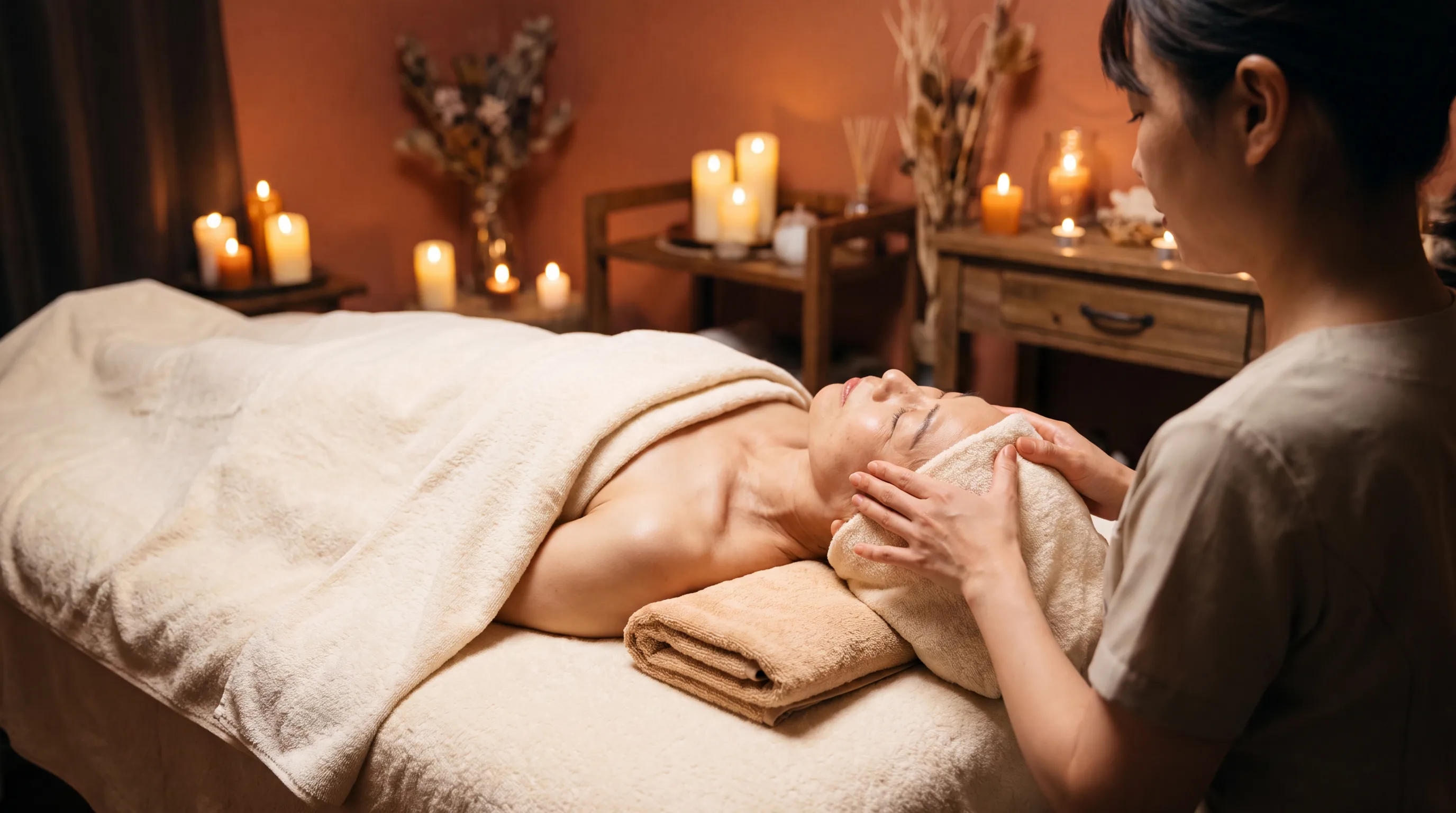 Client fully draped and face-up receiving a Japanese head spa scalp ritual at Elite Spa Utah