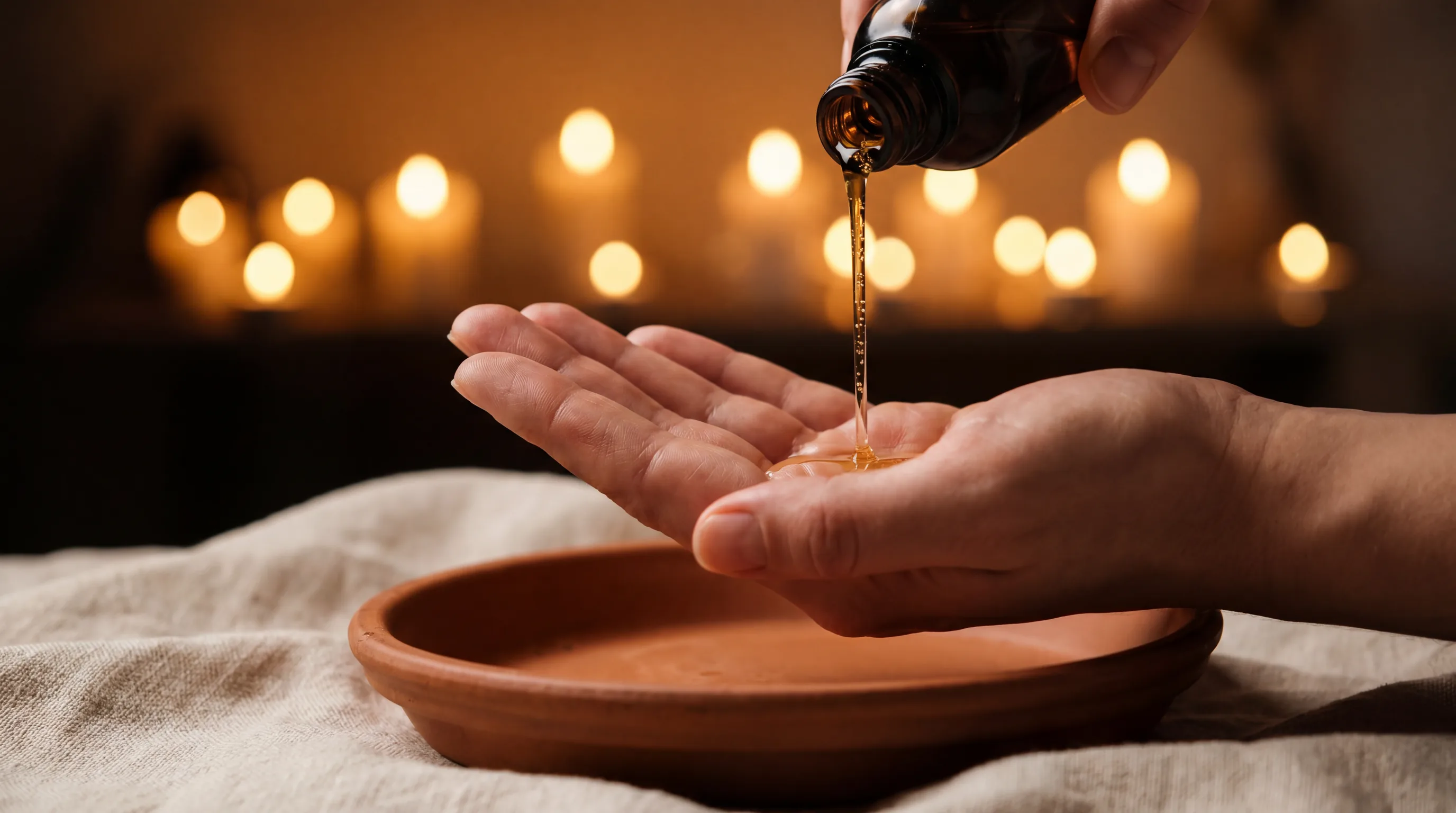 Warm massage oil poured into a therapist's palm above a terracotta dish at Elite Spa Utah