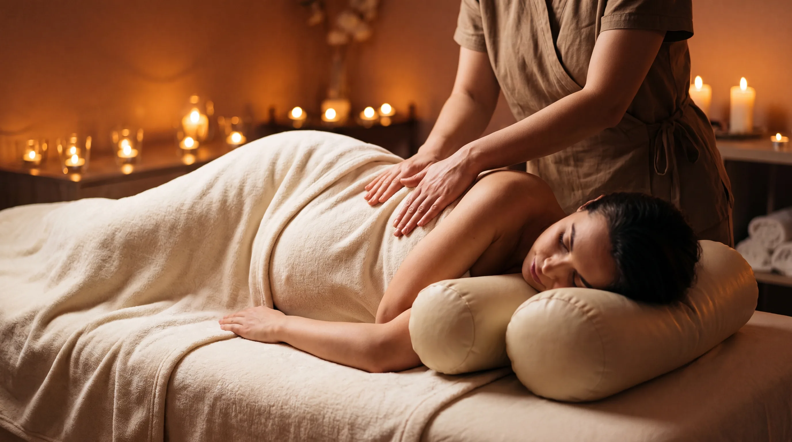 Pregnant client resting on her side, supported by bolster pillows during a prenatal massage at Elite Spa Utah