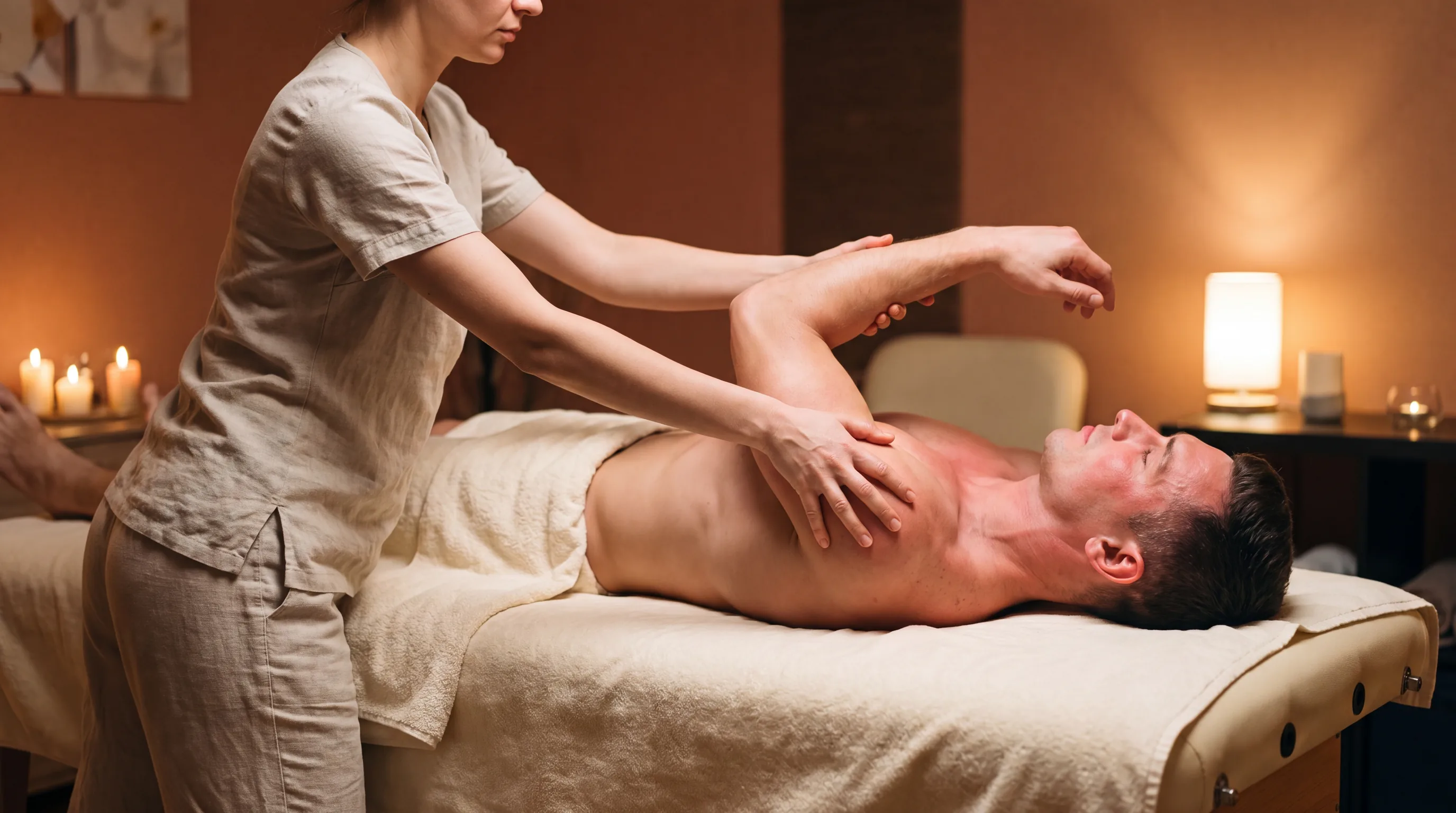 Therapist guiding an assisted shoulder stretch during a sports massage at Elite Spa Utah