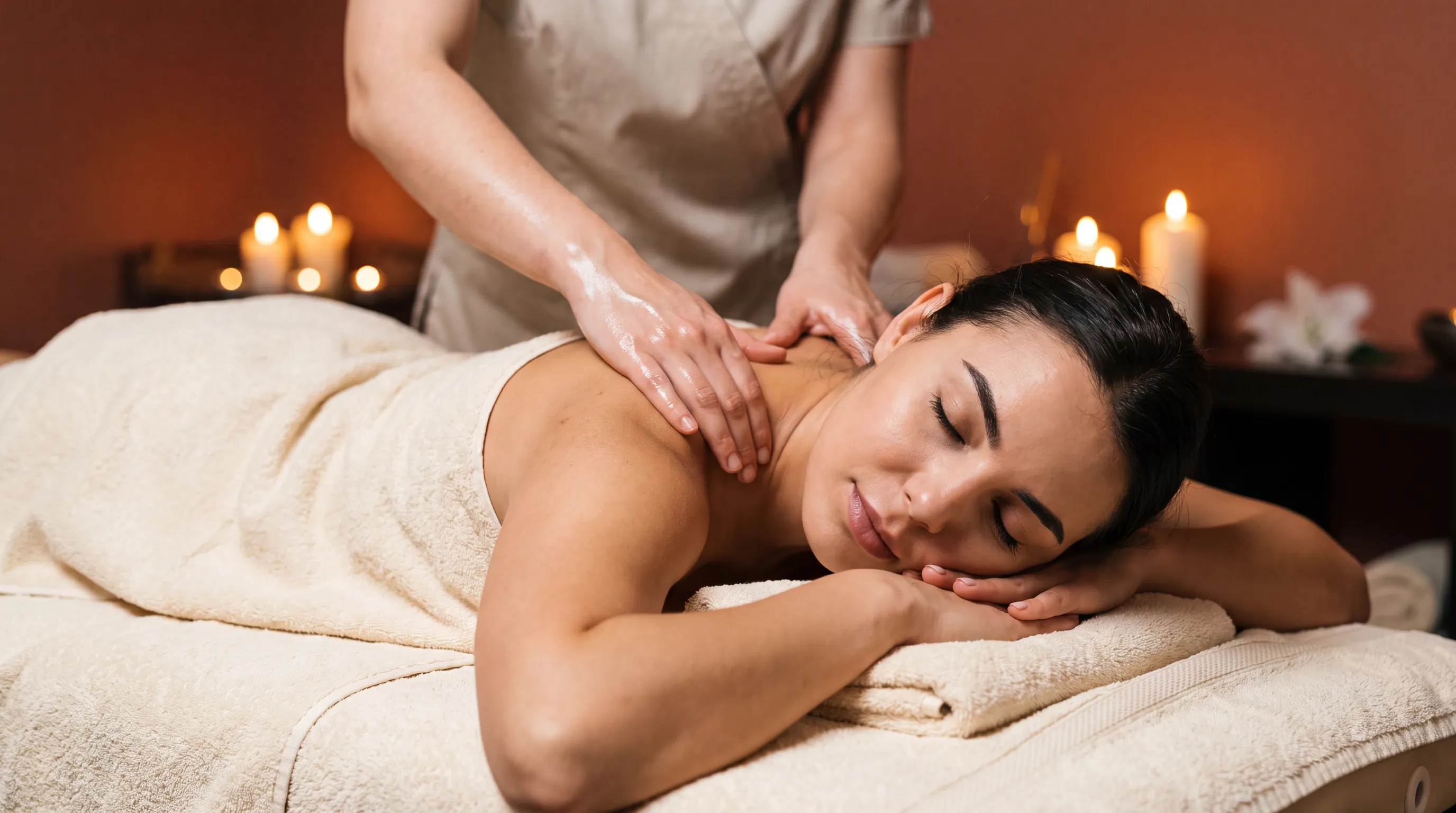 Long, flowing Swedish massage strokes across the shoulders in a candlelit private room at Elite Spa Utah